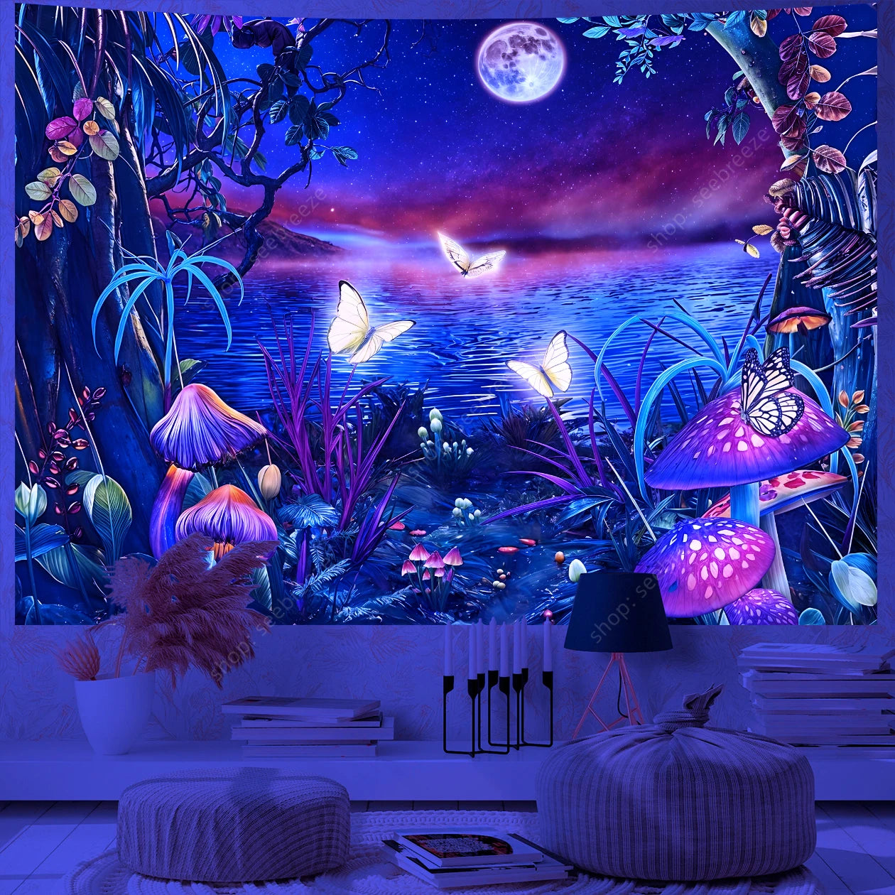 Butterfly Flower UV Reactive Tapestry Wall Hanging Hippie Boho Room Decor