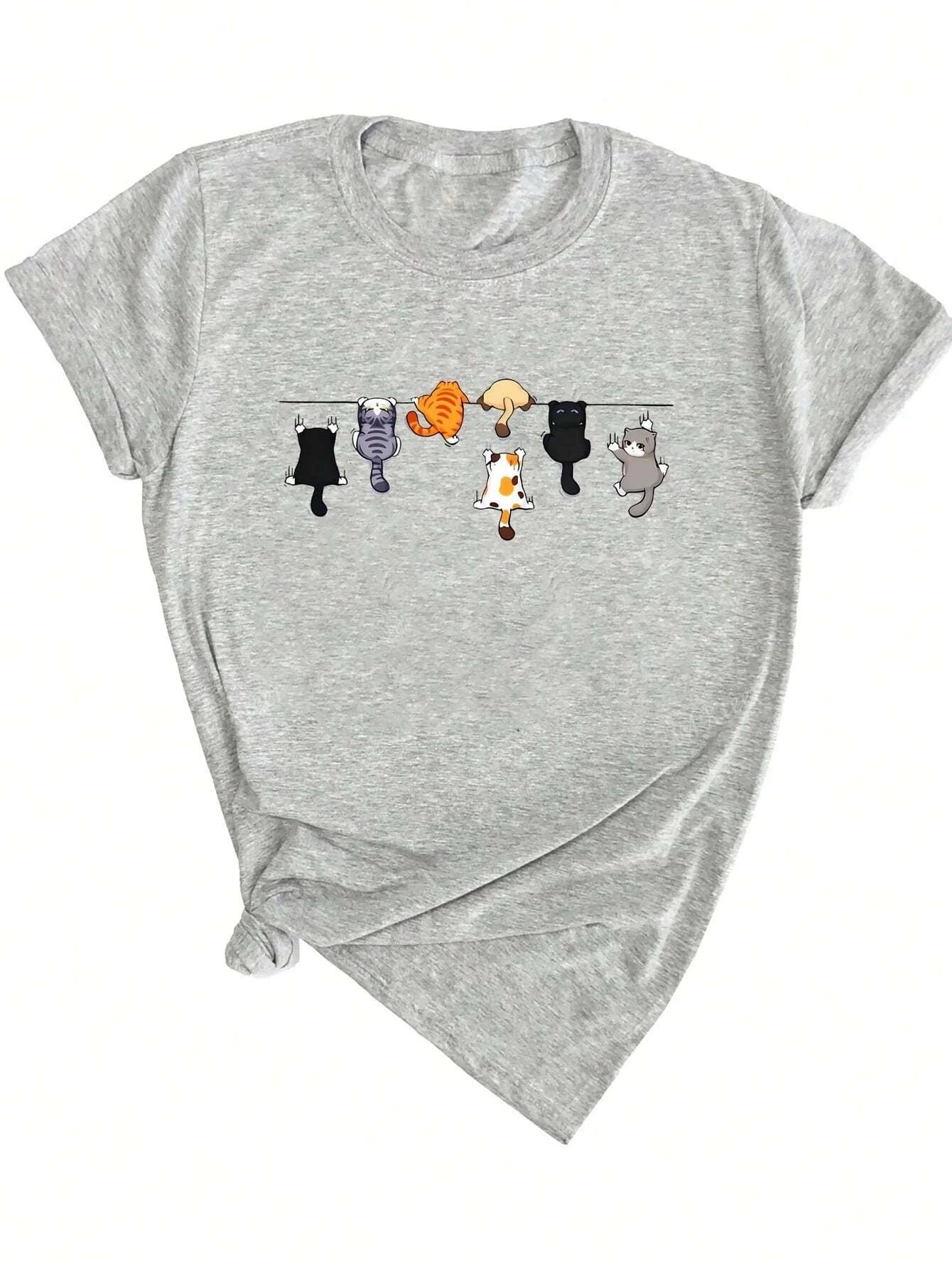 Women's Cute Cat Print Round Neck Short Sleeve Casual T-Shirt White Short Sleeve with Unique Cat Print Clothing Tee Female Tops