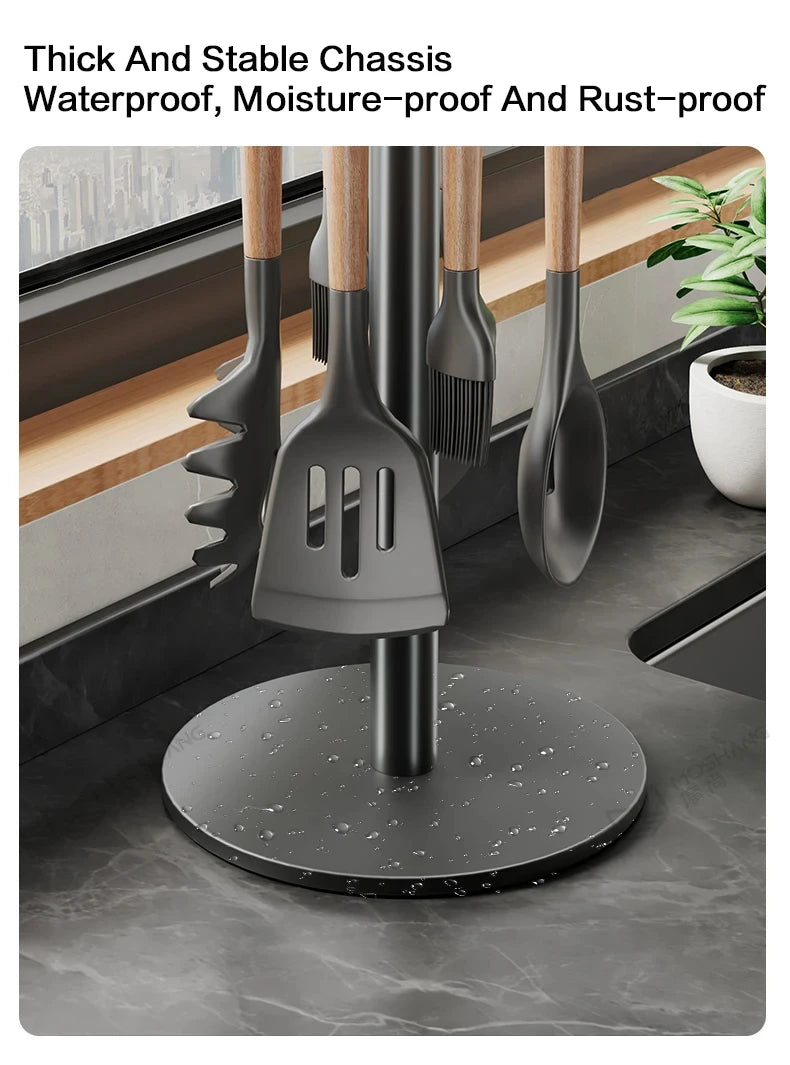 360° Rotating Kitchen Spatula and Utensil Rack - 8-Hook Movable Cooking Tool Storage Organiser for Countertop Space Saving