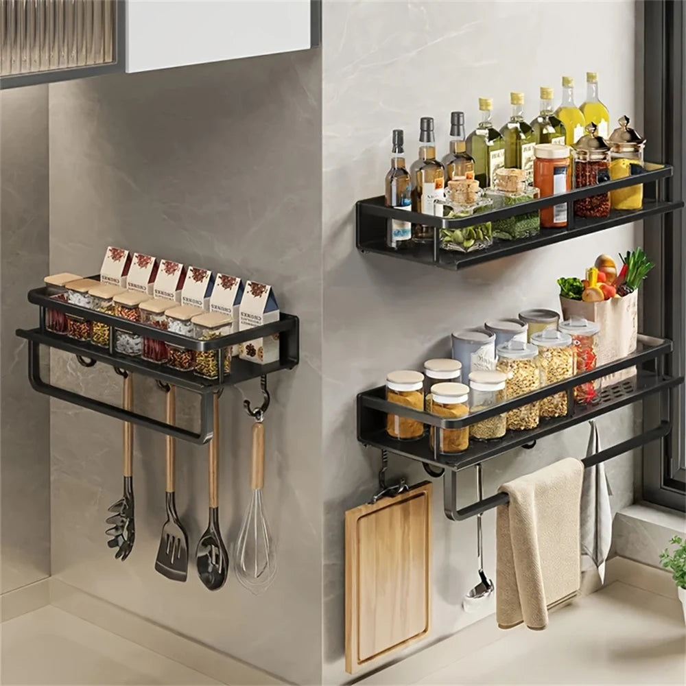 1 Multi-Functional Storage Rack With Rod Seasoning Rack Wall-Mounted Seasoning Storage Rack For Cooking Items