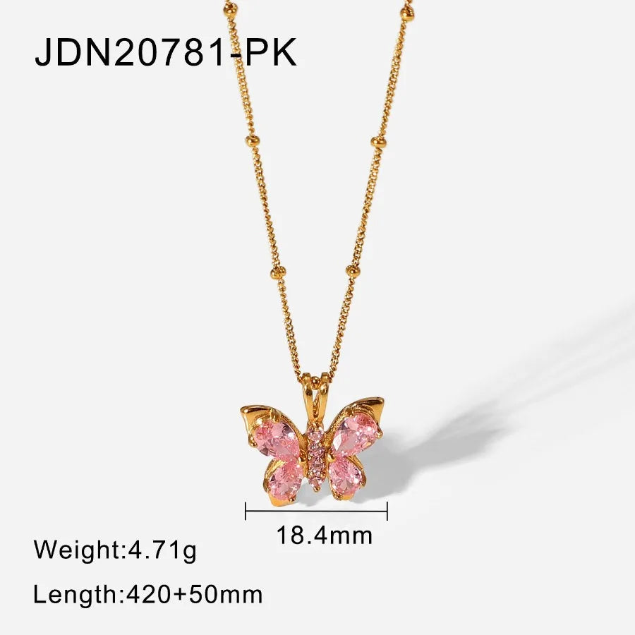 Titanium Steel Necklace Women 18k Gold Plated Stainless Steel Pink Zircon Butterfly Shape Pendant Necklace