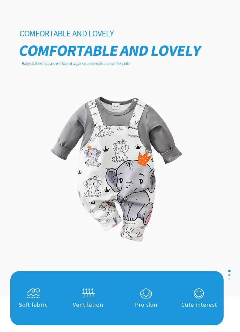 Newborn Baby Boy Long sleeves clothing 0-18Months one-piece braces fashion elephant print Baby pajamas Infant Casual Jumpsuit