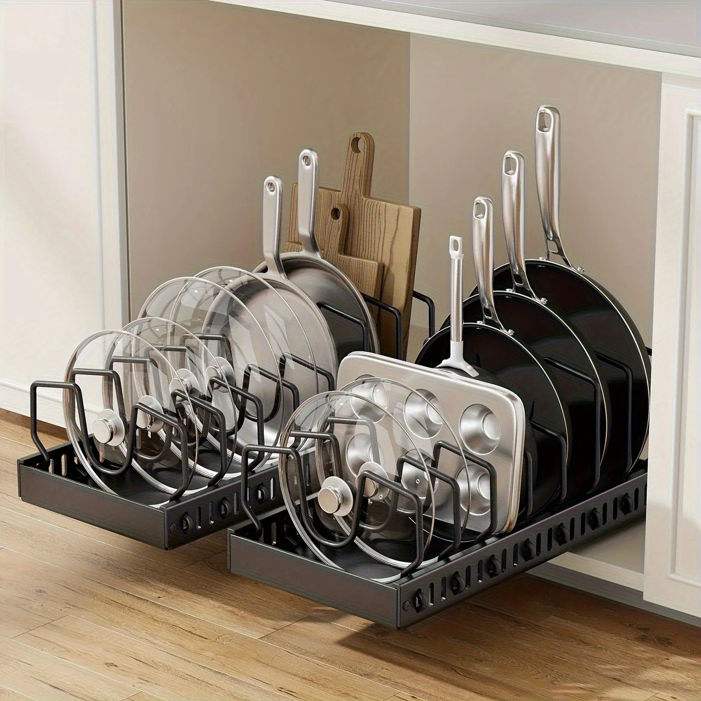Cookware and Frying Pan Storage Rack with Pull-Out Lid Storage Box, Suitable for Placement under the Cabinet, Featuring a Pot Lid Rack with 8 Adjustable Dividers