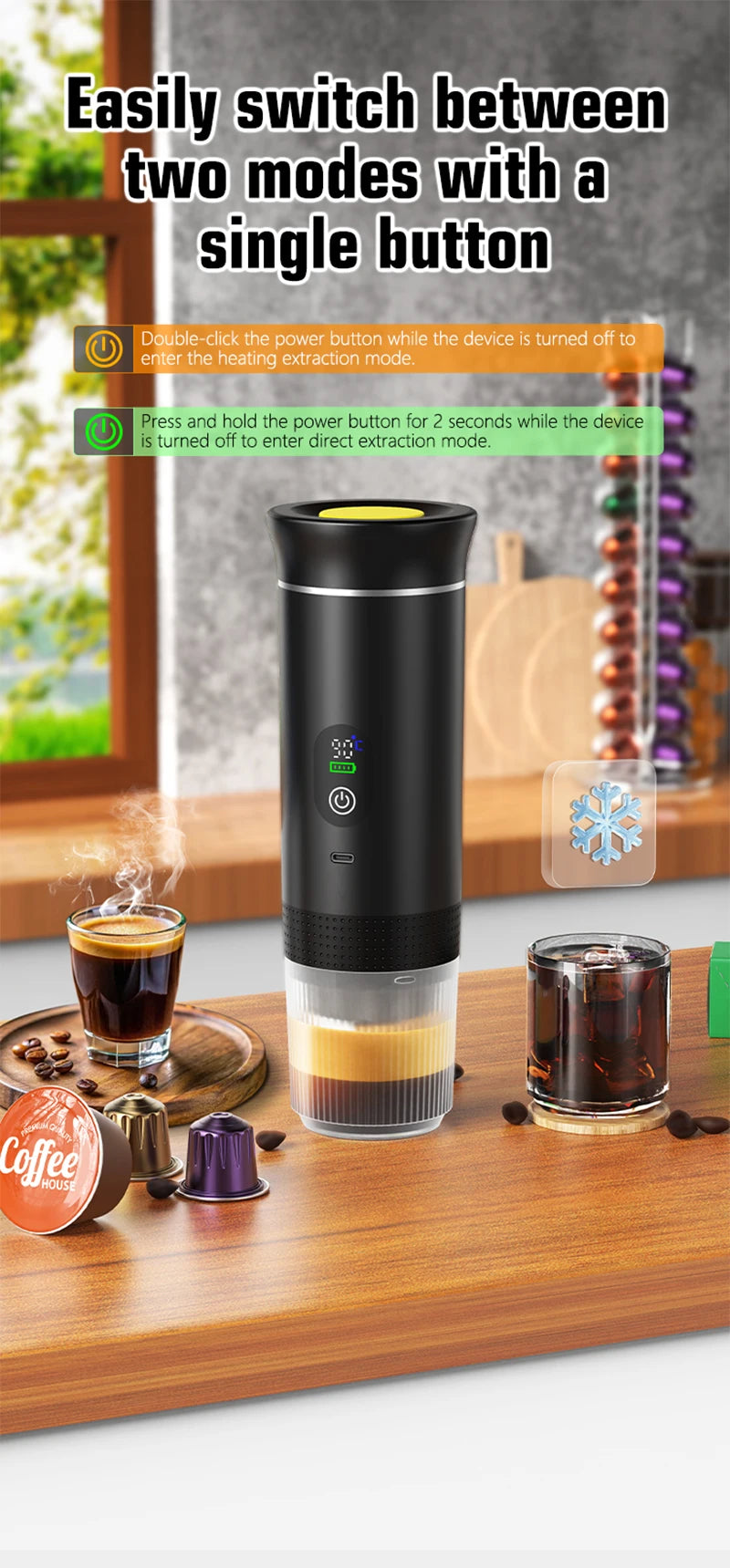 DENOKIN Portable Espresso Coffee Machine With Digital Display 3-in-1 Capsule Coffee Maker