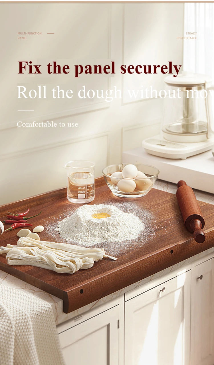 L-Baffle Ebony Wood Pastry Board, Large Dough Kneading Board with Anti-Spill Edge, Solid Wood Rolling Pin Butcher Block