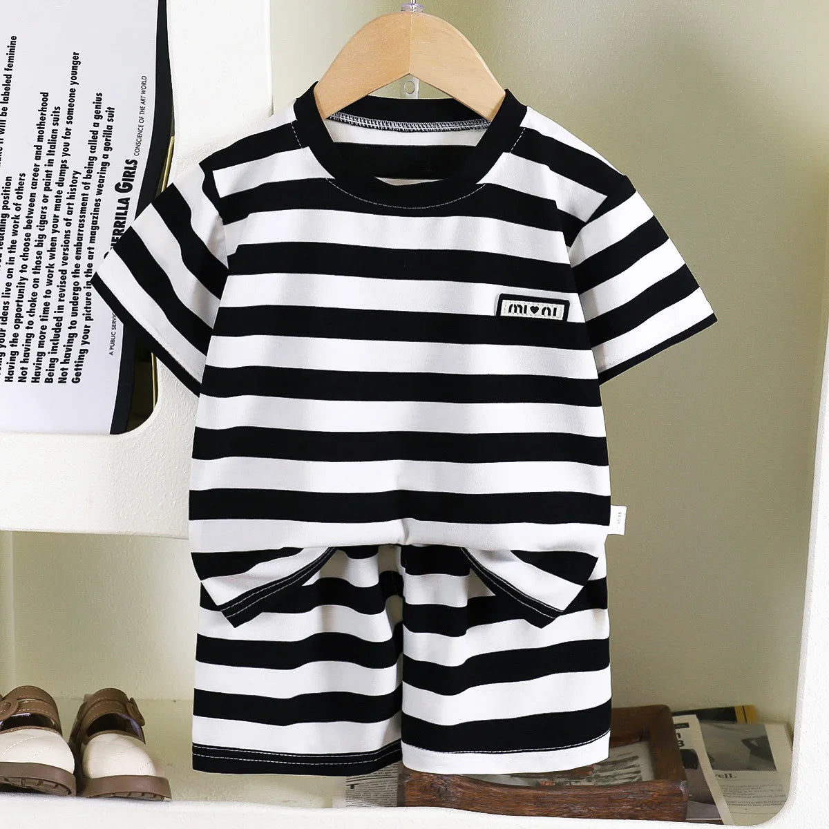 New Summer Children's Top and Bottom Clothes Set Striped Cotton Casual Sports Short Sleeve Two Piece Set for Children 0-5 Years