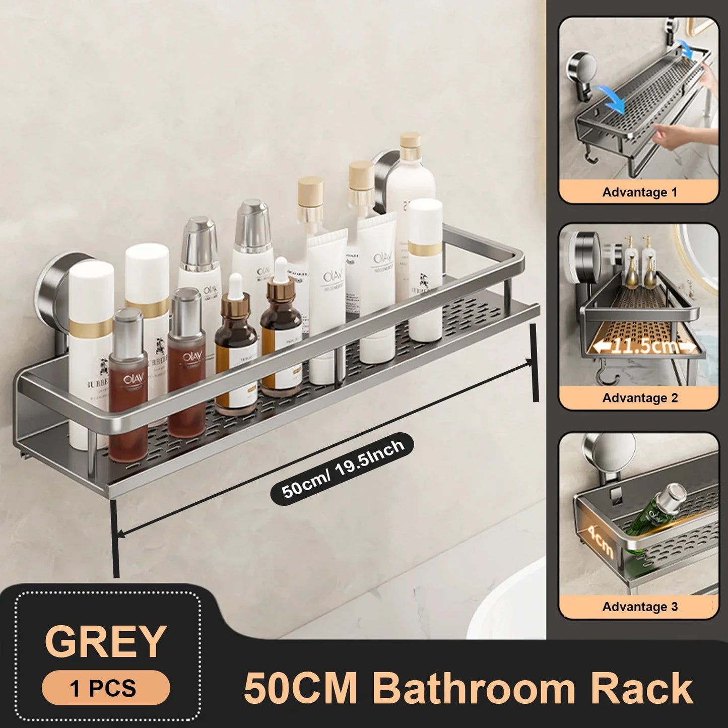Suction Cup Bathroom Shelf No Drill Wall Mounted Shampoo Bottle Shower Rack Toilet Storage Rack Aluminum Bathroom Kitchen