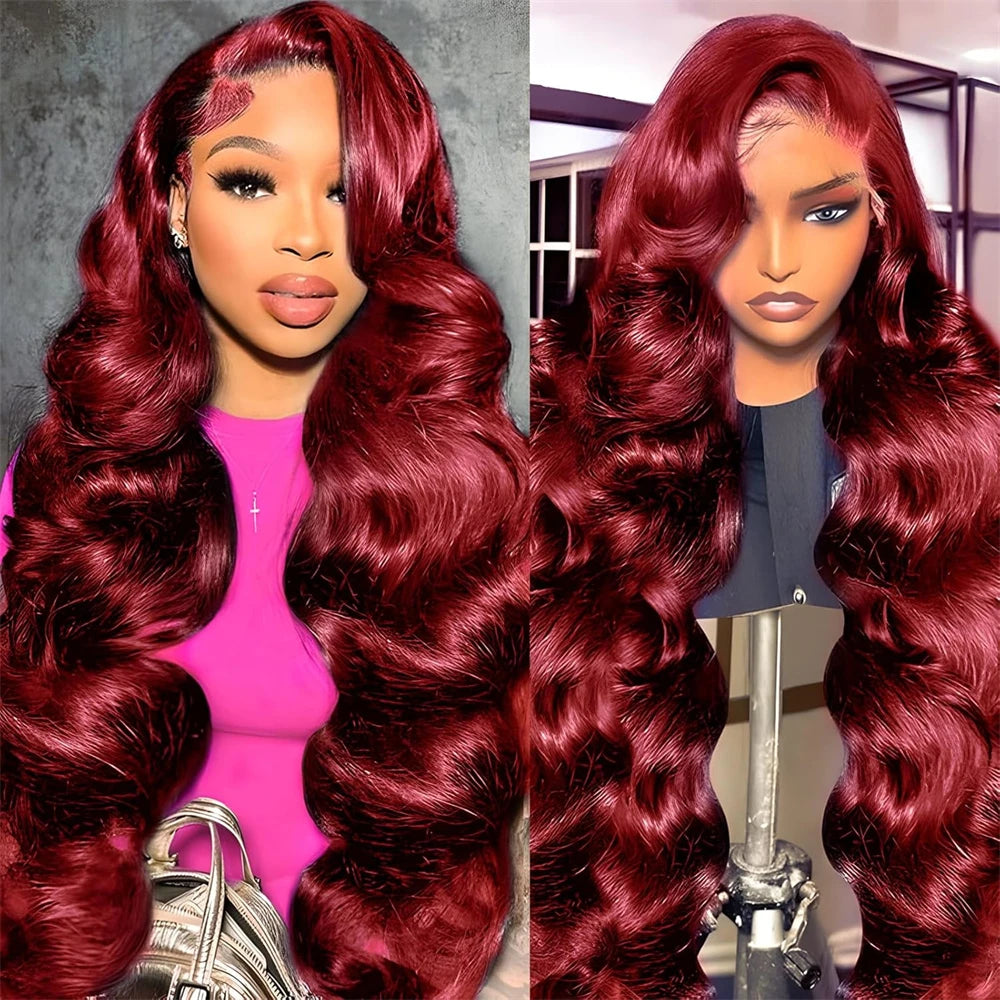 180% Density 13x4 Body Wave Hd Lace Frontal Human Hair Wig For Black Women Pre plucked 99j Lace Front Brazilian burgundy Wigs