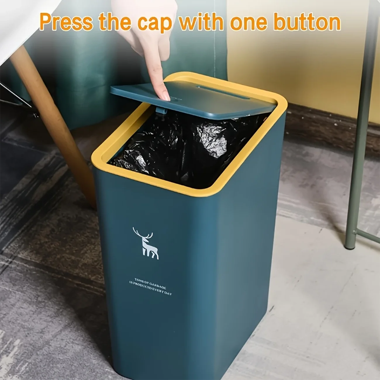 1pc Bathroom Trash Can 15L Garbage Can with Press Top Lid for Kitchen, Bedroom, Living Room Plastic Wastebasket with Pop-up Lid