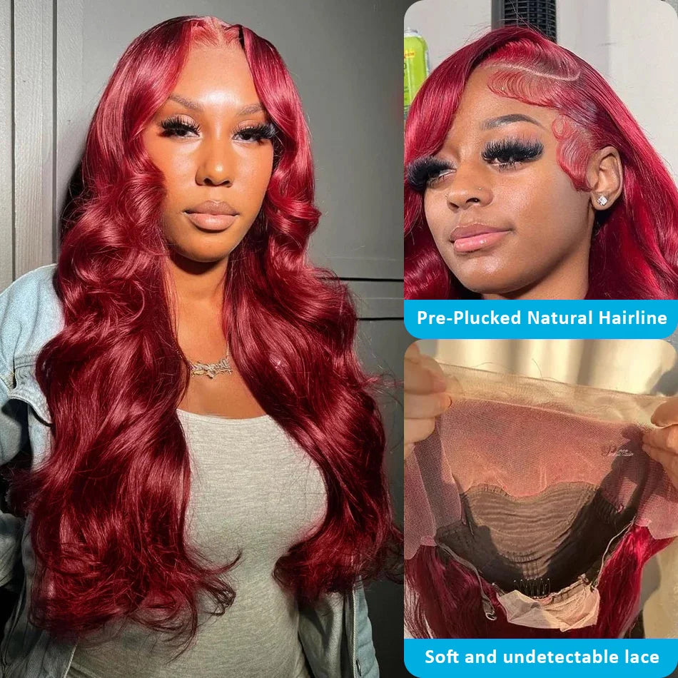 200% Density 99J Burgundy Body Wave 13x6 HD Transparent Lace wigs Frontal Wigs Brazilian Virgin Hair Pre plucked Wigs For Women