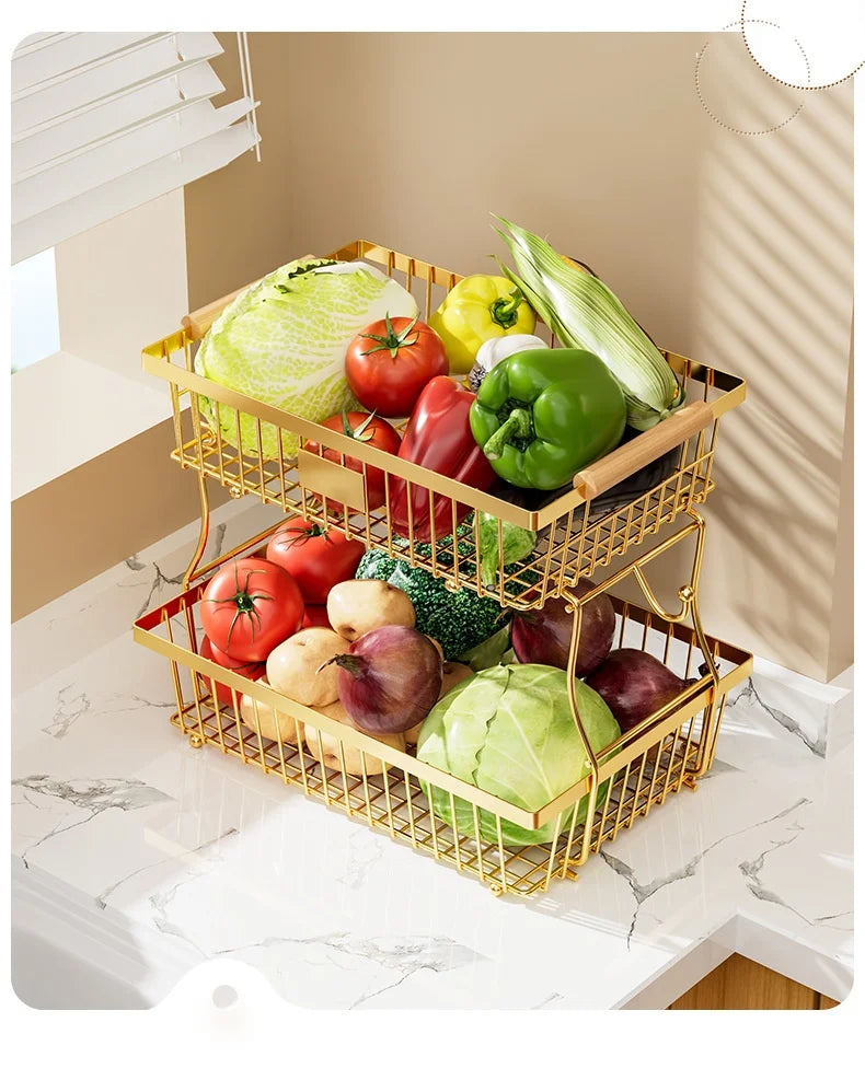 33*29cm deteachable fruit vegetable kitchen storage organisation racks holders double-layer trays wood hand SS home display