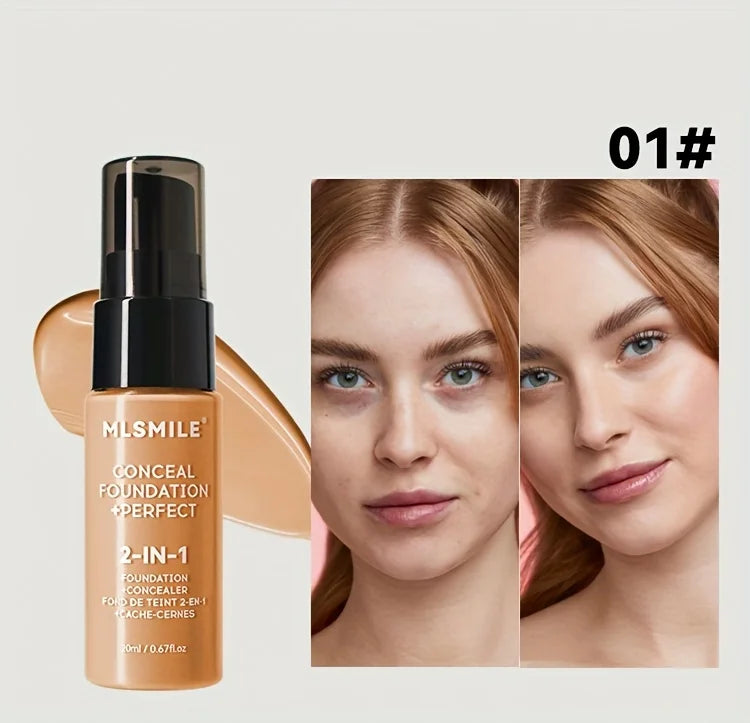 2-In-1 Oil Control Liquid Foundation & Concealer Full Coverage Long Lasting Waterproof Hydrating Brightening Base Makeup