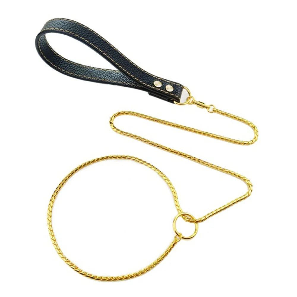 Integrated Dog Slip Chain Collar Leash 3Integrated Dog Slip Chain Collar & Leash – 304 Stainless Steel Choke Collar with Leather Handle for Training and Show04 Stainless Steel Dog Metal Choke Collar Pet Training Leash Show with Leather Handle
