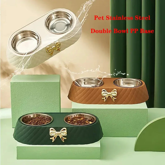 Double Pet Bowl for Cats & Dogs – Bow-Tie Design, Stainless Steel Food & Water Feeder with PP Base