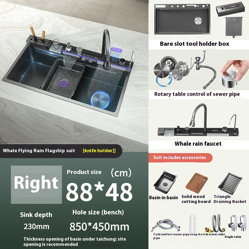Kitchen Sink Stainless Steel Waterfall Sinks Extra Large Single Slot with Digital Display Faucet Set For kitchen