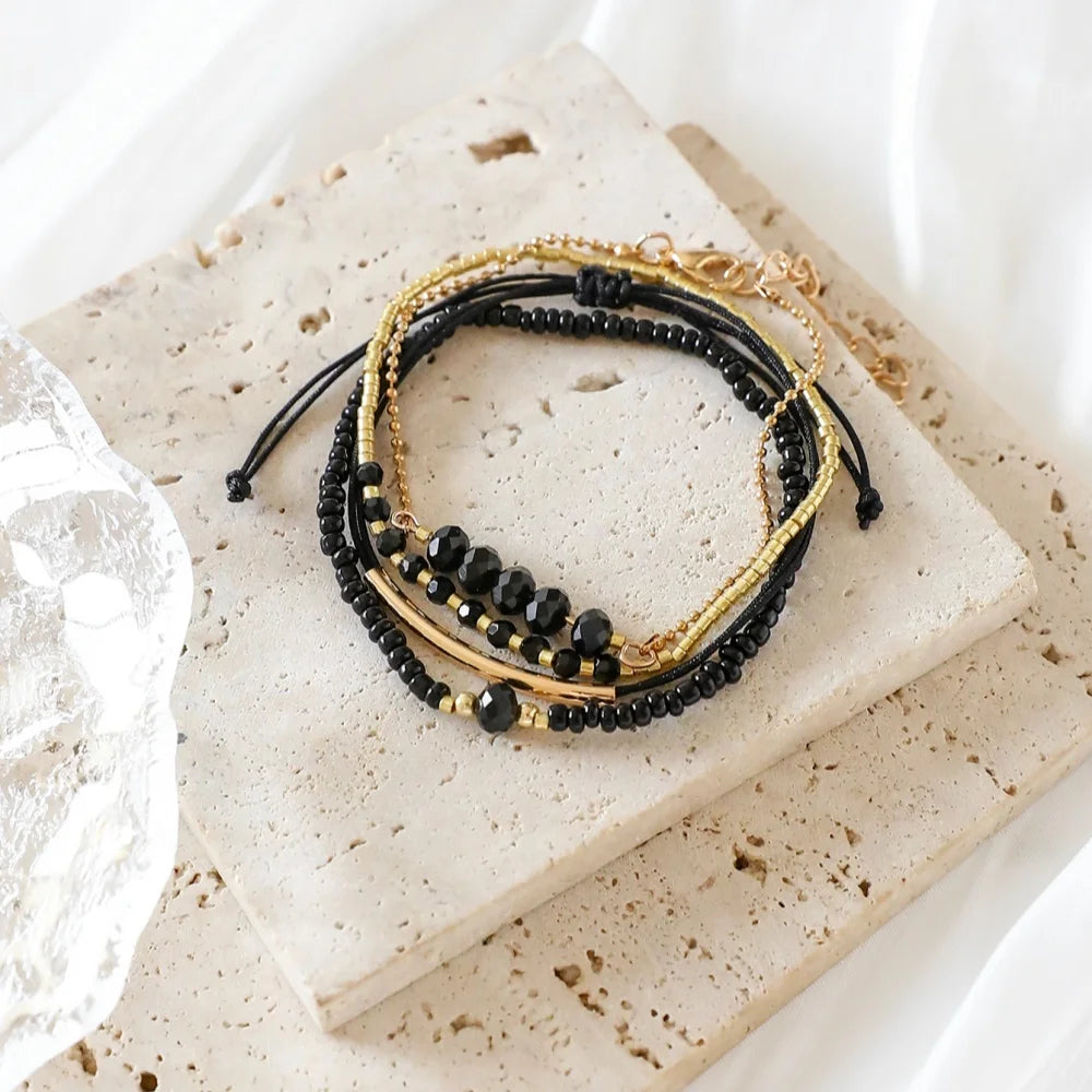 4Pc Set Black Glass Stone Bracelet