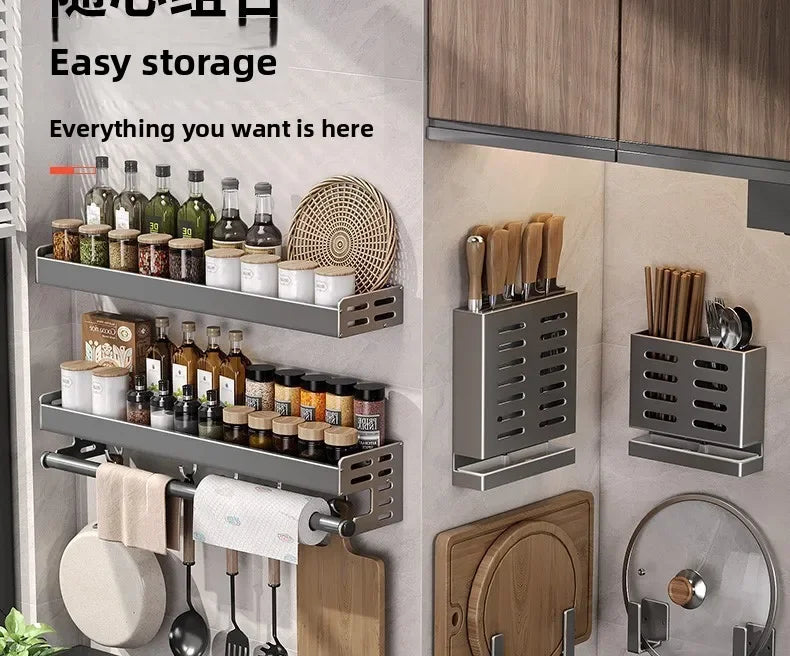 No Drill Kitchen Wall Mounted Spice Rack Space Saving Multifunctional Organiser with Hooks & Paper Towel Holder
