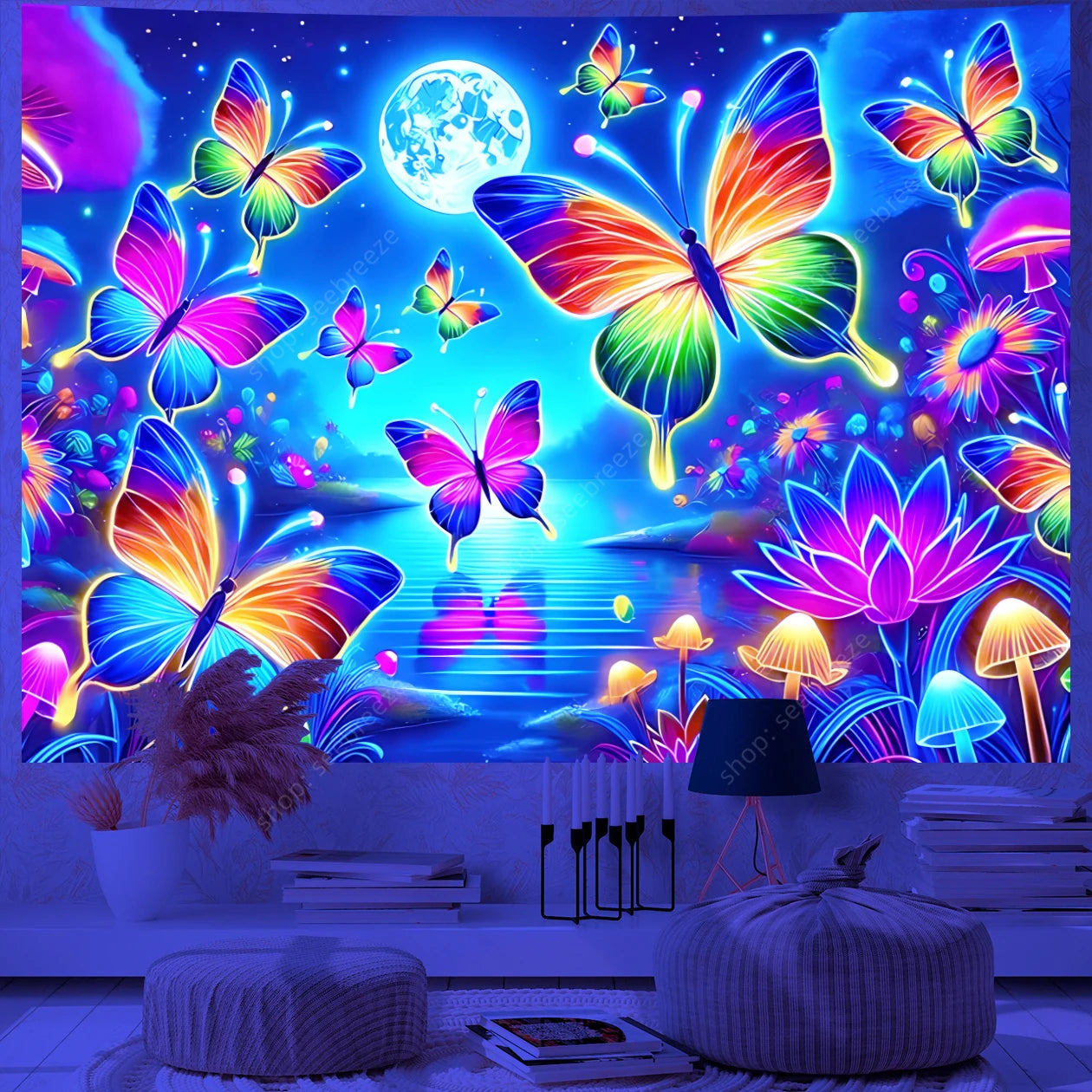 Butterfly Flower UV Reactive Tapestry Wall Hanging Hippie Boho Room Decor