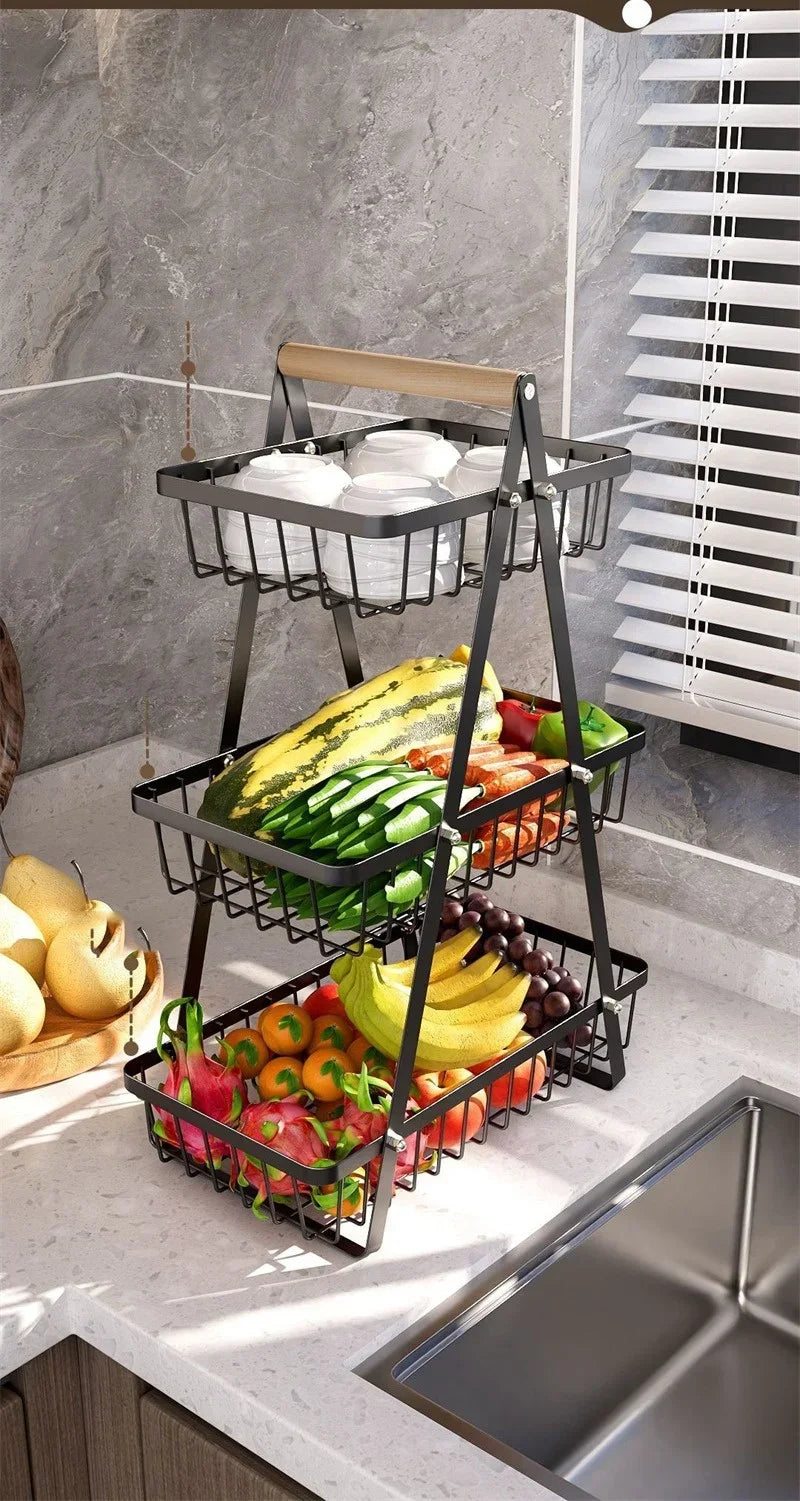 2-3 Tiers Countertop Fruit Basket Portable Iron Art Kitchen Organiser for Fruits Bread Snacks Storage Rack