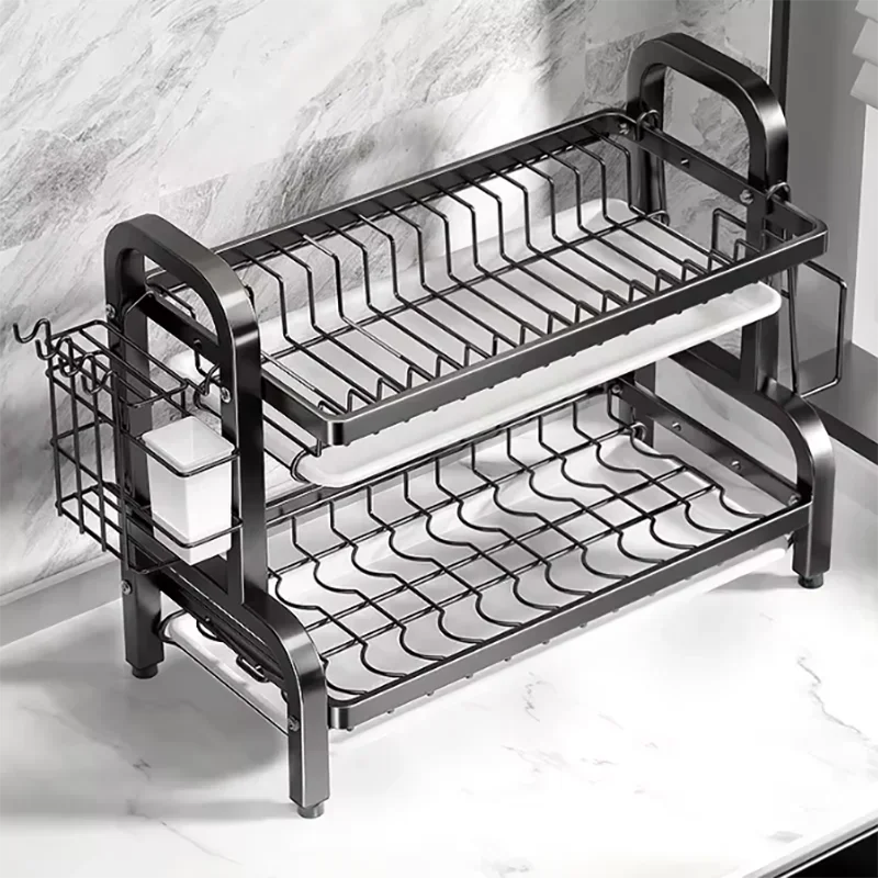 Compact 2-Tier Stainless Steel Dish Drainer, New Rustproof Kitchen Organiser with Utensil Holder