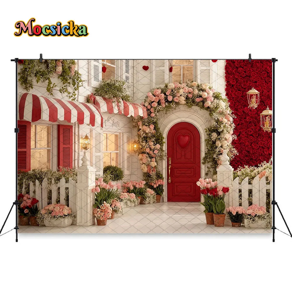 Mocsicka Valentines Day Flower Shop Backdrop Photography Red White Striped Floral Garden Background Kid Photo Shoot Studio Decor