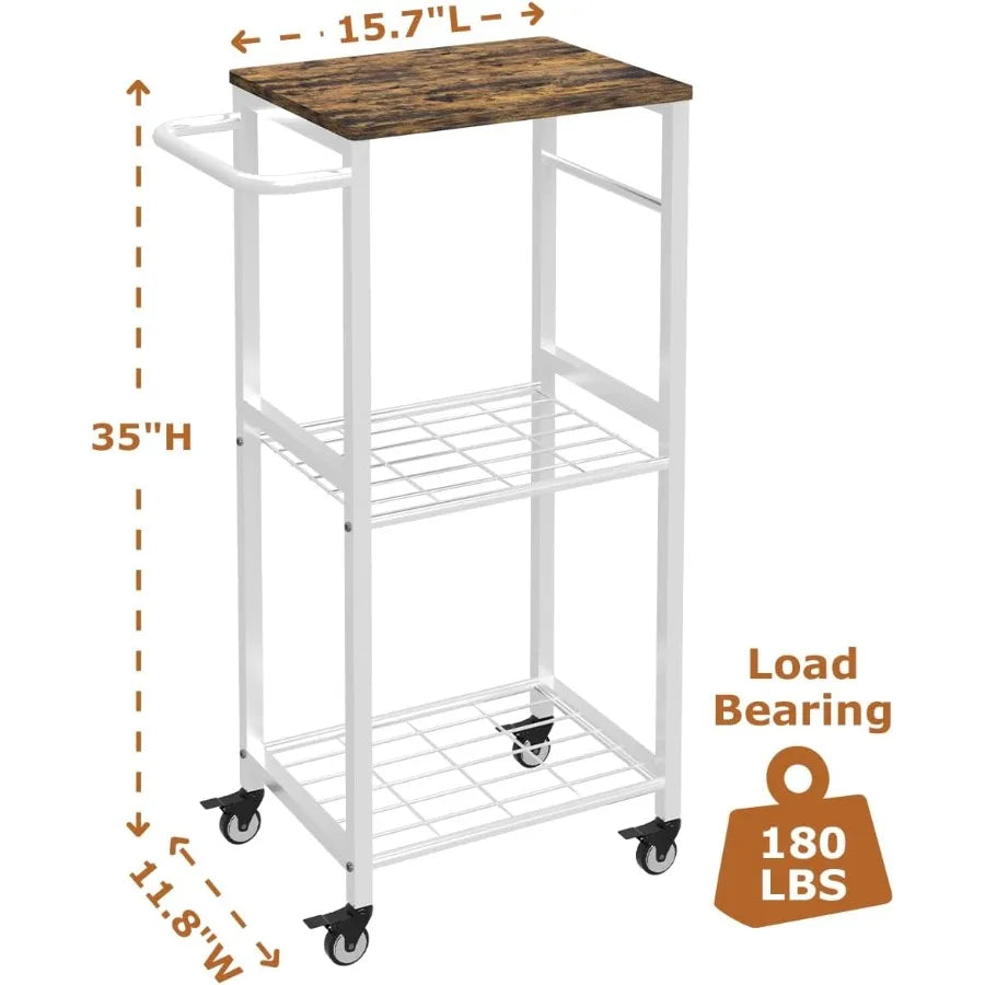 3Tier Rolling Kitchen Cart Microwave Stand on Wheel Movable Coffee Bar Cart with Metal Handle Bakers Rack with 8 Hooks Utility