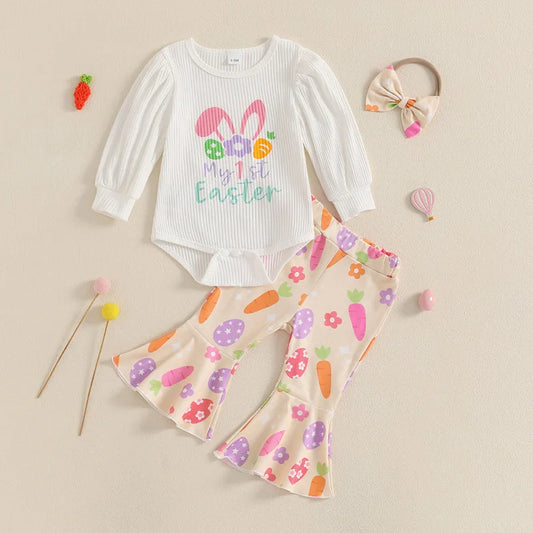 2025 New Set of Baby and Toddler Easter Bunny Print Pit Stripe Bubble Sleeves Flared Pants+headband Three Piece Set