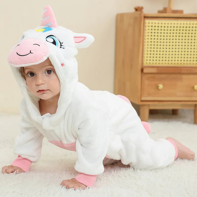 Baby Rompers Kids Cosplay Winter Flannel One-Pieces Hooded Jumpsuits Stitch Jumpers Overall Girl Grows Boy Growings Roupa Bebes