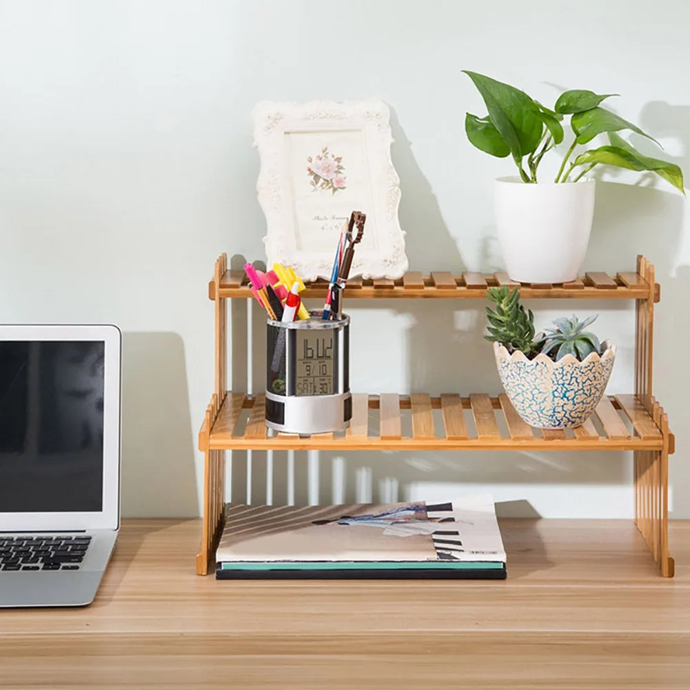 2 Tier Decorative Tabletop Wood Plant Stand Display Shelf For Home Office Tidy Storage Organiser