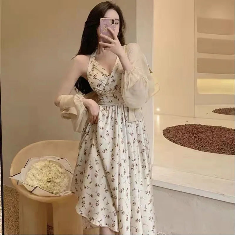 Summer New Gentle Wind Fragmented Flower V-Neck Sling Dress Set Waist Wrap Neck Hanging Long Dress Thin Sun Protection Cardigan