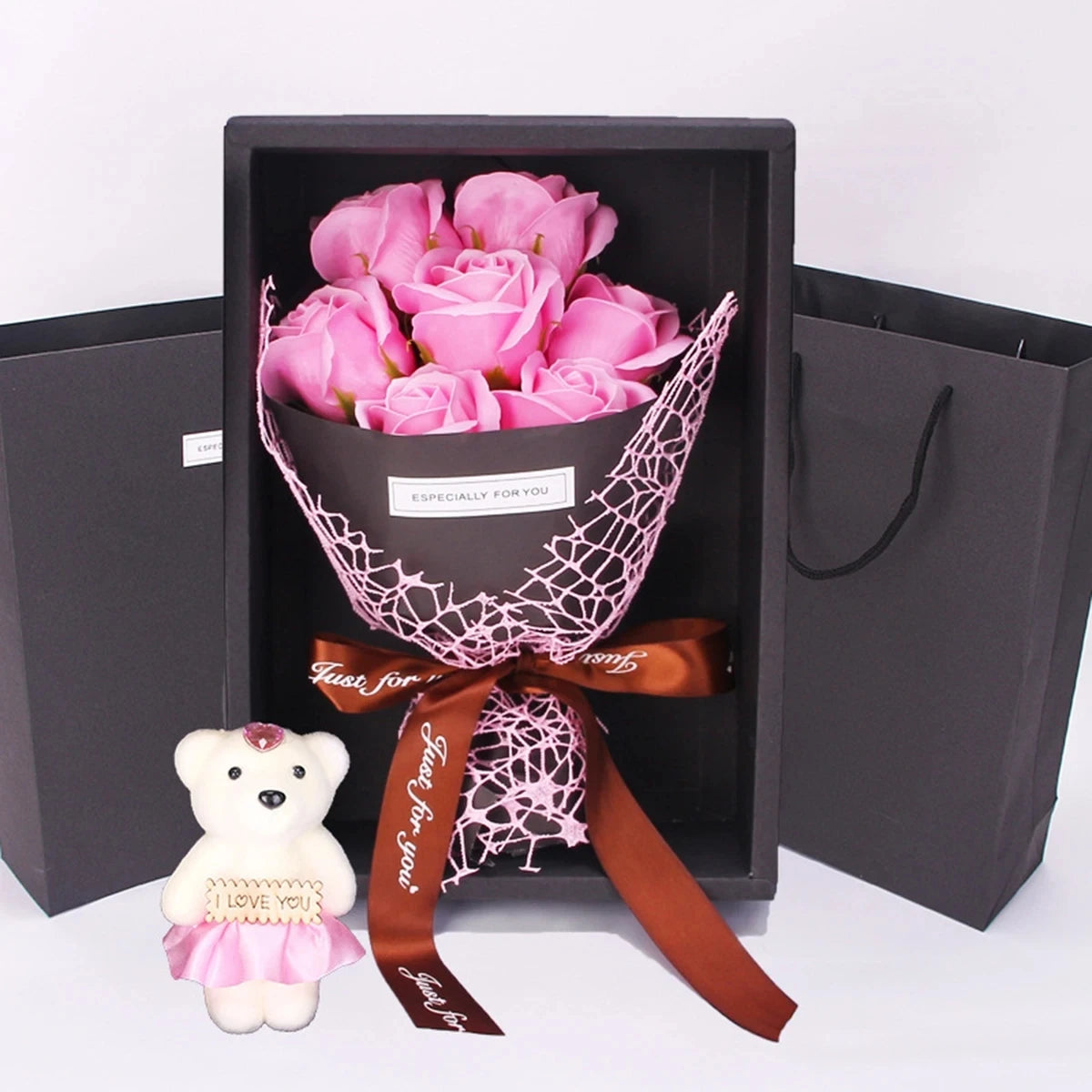 7 Heads Rose Artificial Bouquet Little Bear Gift Box Valentine's Day Handmade False Flower Bouquet Mother's Day Birthday Party G