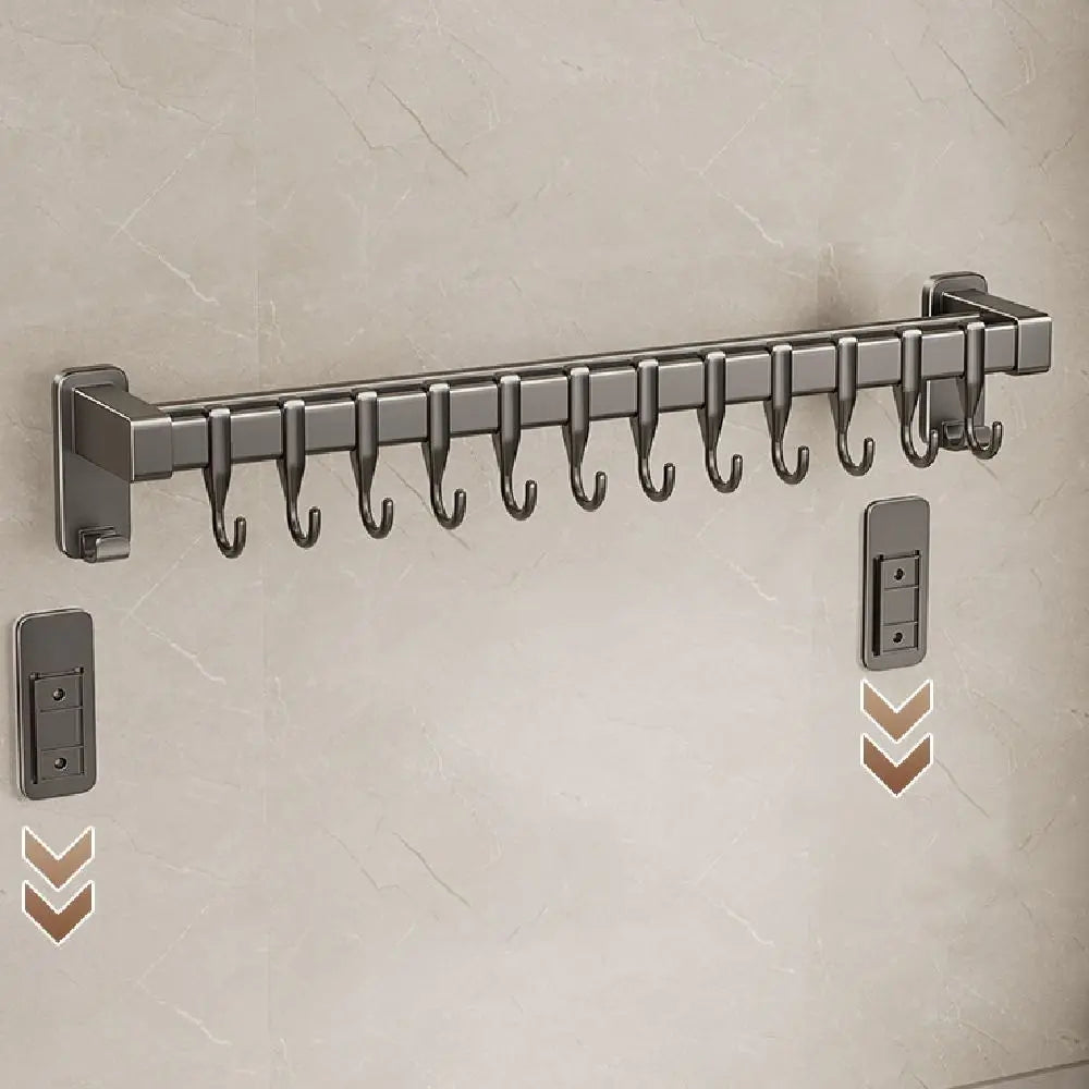 Aluminum Kitchen Organiser Hook Double Pole Wall Mounted Pot Lid Rack Non Punching Movable Hook Spatula Storage Rack Home