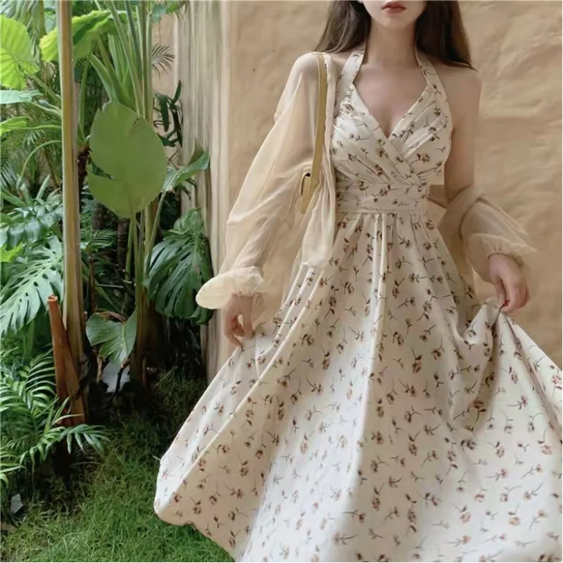 Summer New Gentle Wind Fragmented Flower V-Neck Sling Dress Set Waist Wrap Neck Hanging Long Dress Thin Sun Protection Cardigan