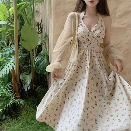 Summer New Gentle Wind Fragmented Flower V-Neck Sling Dress Set Waist Wrap Neck Hanging Long Dress Thin Sun Protection Cardigan