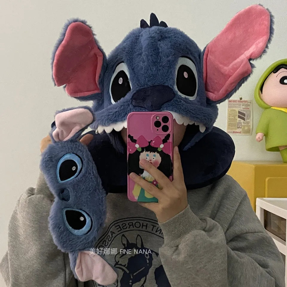 Comfortable Stitch Hooded U-shaped Pillow Cartoon Anime Travel Blackout Nap Neck Pillow With Hat Portable Eye Mask Sleeping