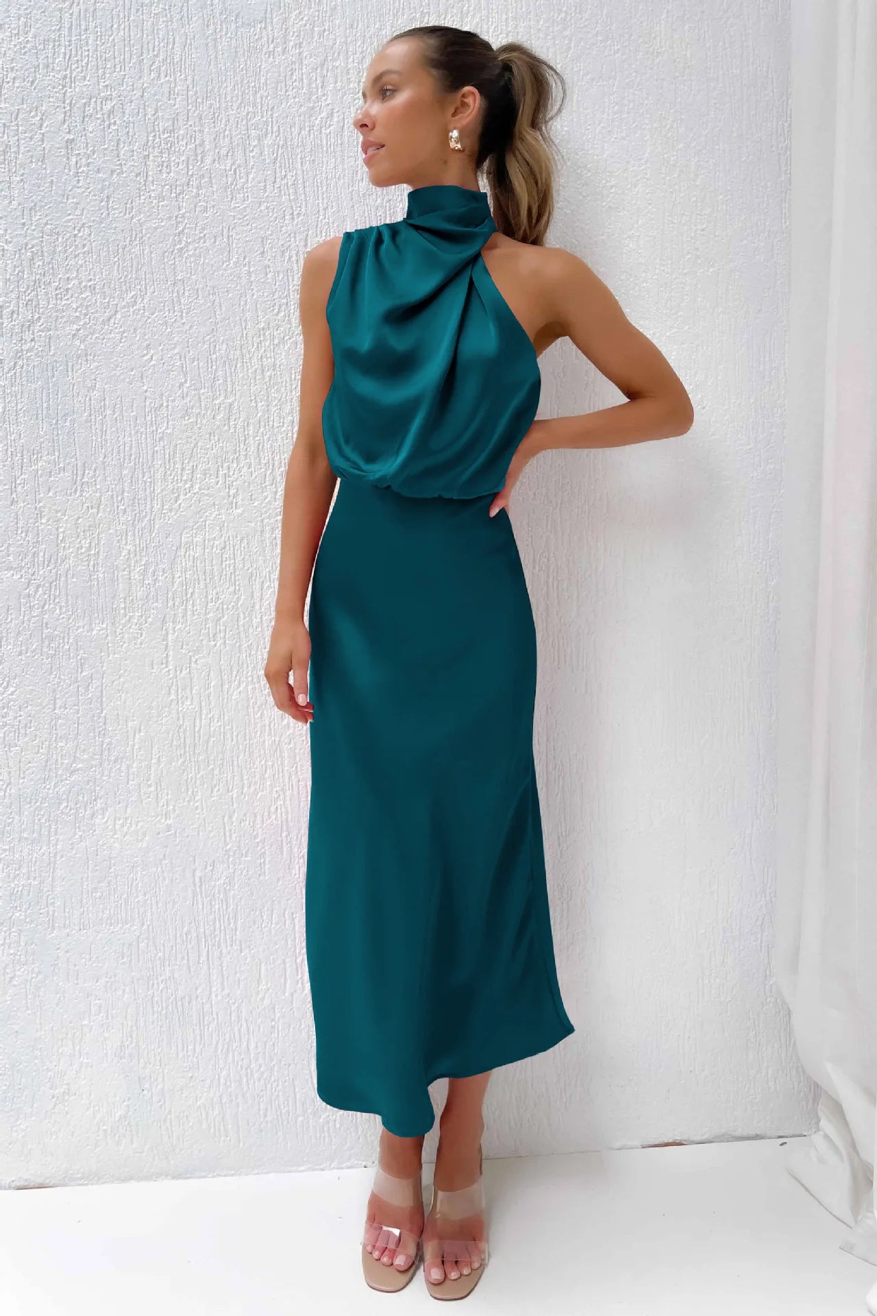 Summer High-End Silk Satin Sleeveless Long Dress Women Fashion Elegant Celebrity Dresses Evening Dress Party Clothes Ladies