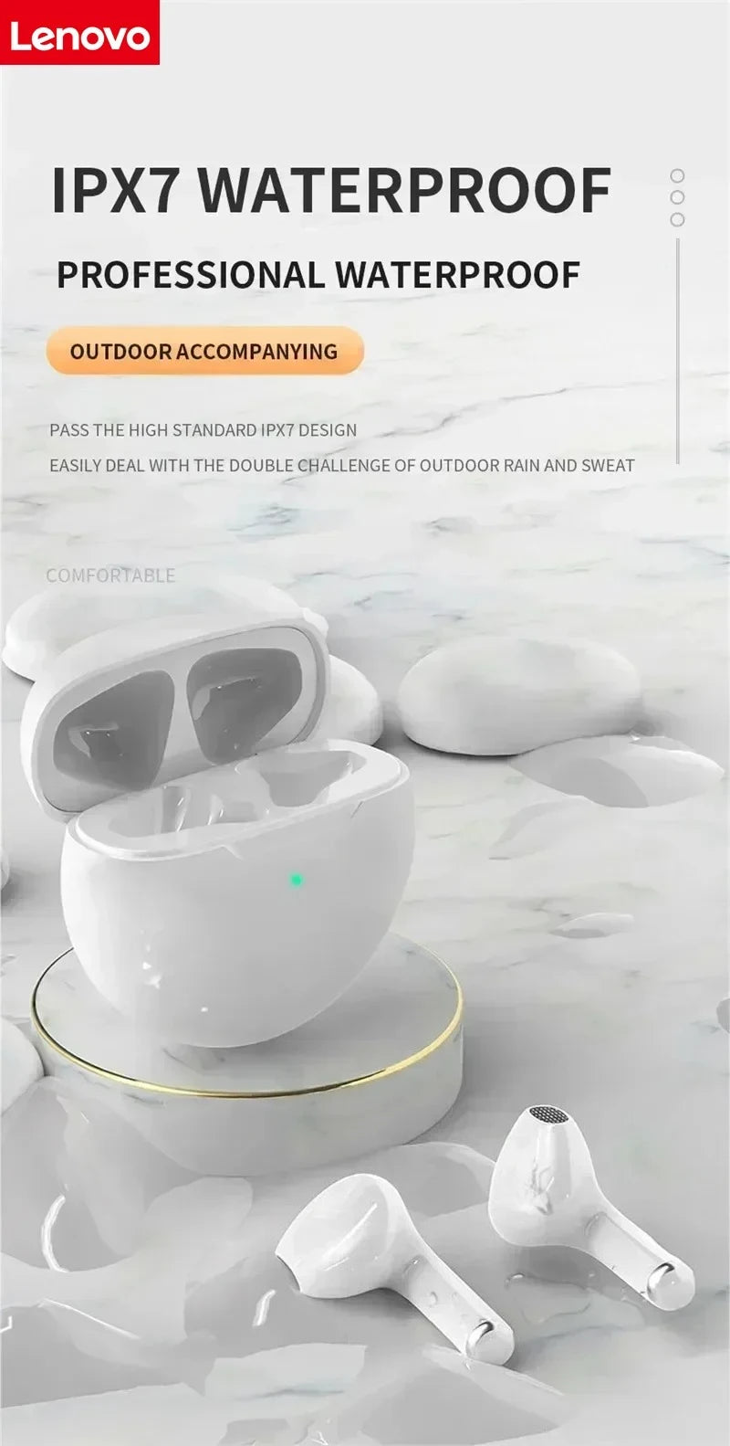 Lenovo Semi-In-Ear Wireless Bluetooth Headphones Touch-Control Sports Headphones 3D Stereo Headphones Suitable for Gaming