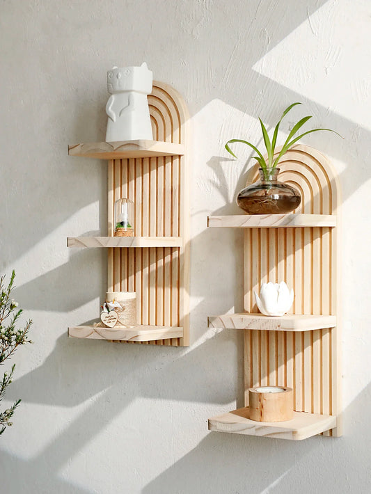 Boho Arch Wooden Wall Shelf – 3-Tier Floating Shelf for Home Decor