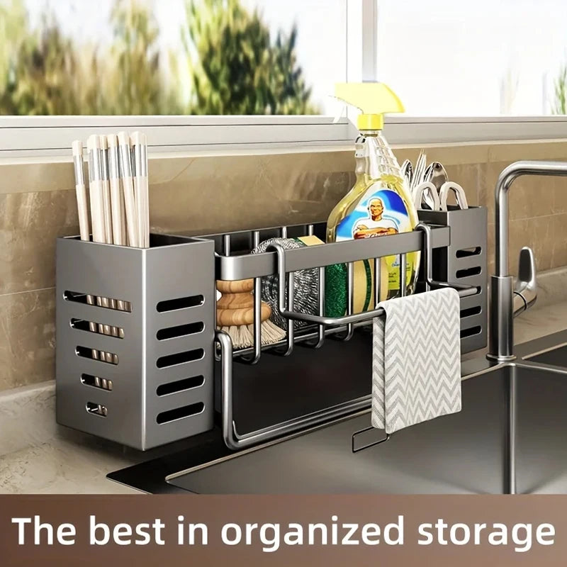 Stainless Steel Kitchen Sink Storage Rack, built-in Sponge Rack And Drainage Basket For Kitchen Cleaning And Storage