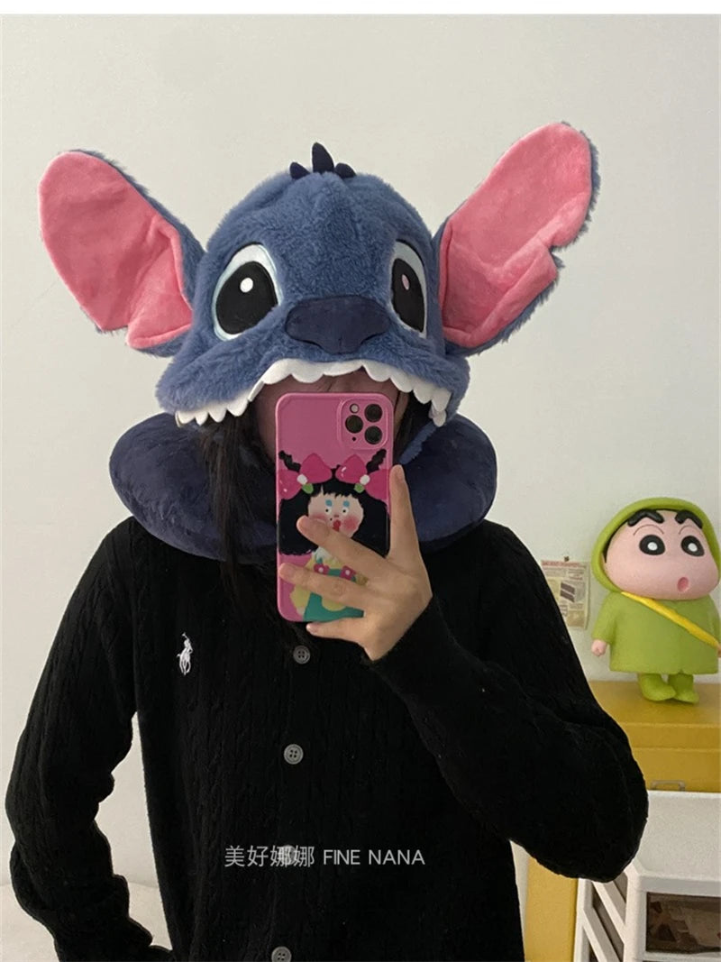 Comfortable Stitch Hooded U-shaped Pillow Cartoon Anime Travel Blackout Nap Neck Pillow With Hat Portable Eye Mask Sleeping