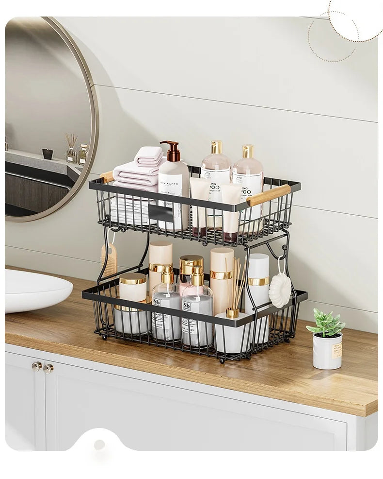 33*29cm deteachable fruit vegetable kitchen storage organisation racks holders double-layer trays wood hand SS home display