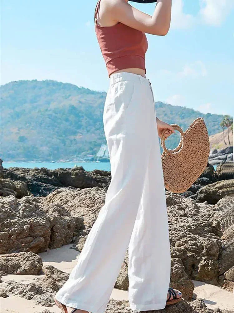 Women’s Cotton Linen Wide Leg Pants – High Waist Loose Fit Summer Trousers, Full Length Casual