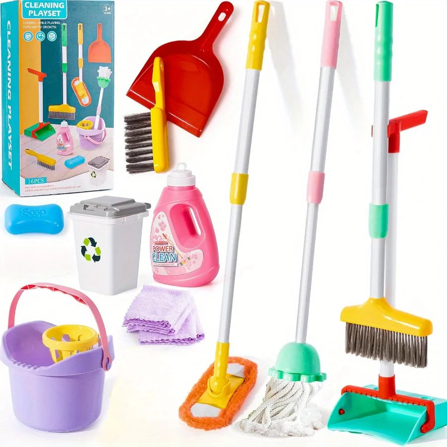 Kids Cleaning Toy Set, Kids Adjustable Mop Broom & Dustpan Set, House Cleaning Tool Toys for children，Random Color