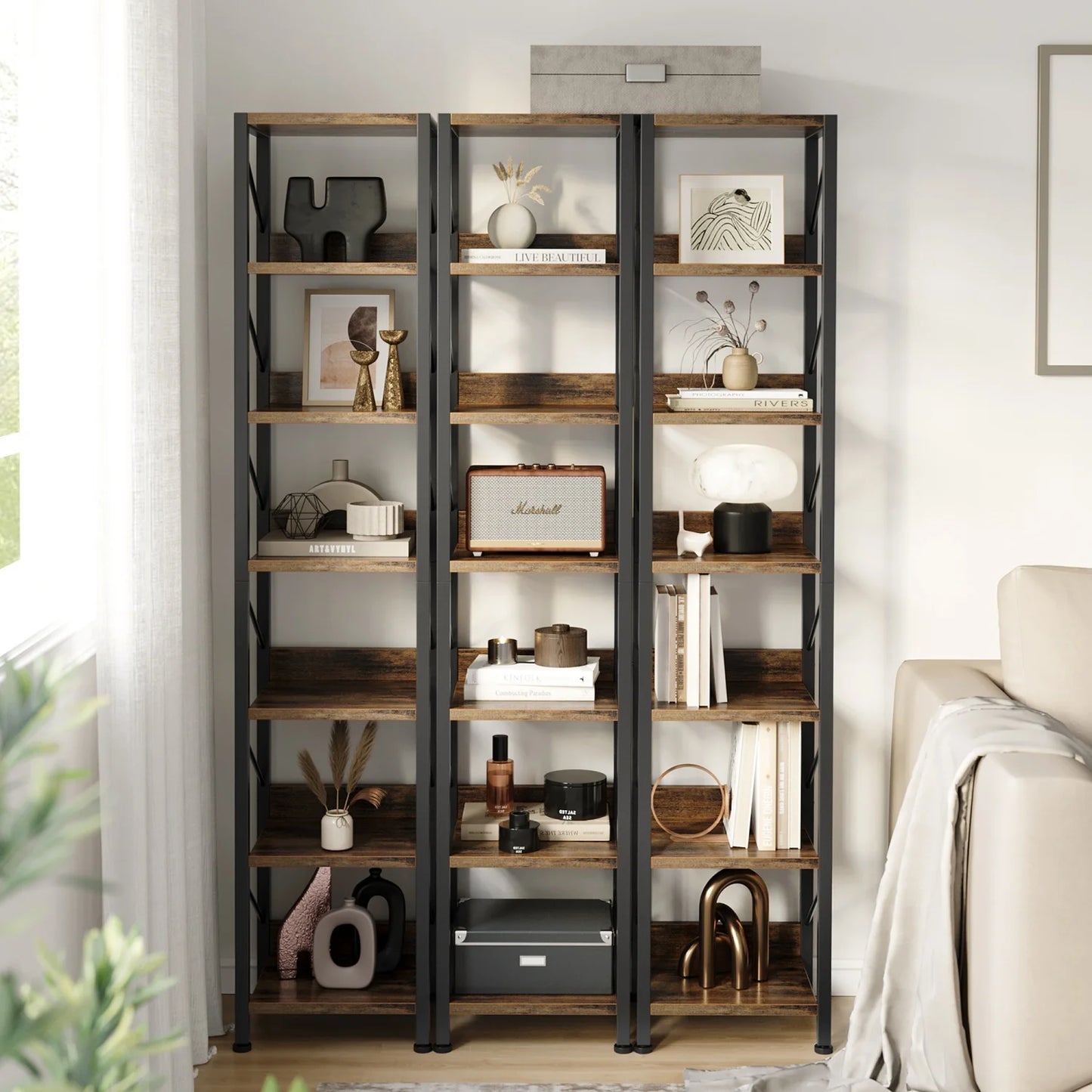Bookshelf Narrow Bookcase Tall Skinny Storage Rack Shelf 6 Tier Industrial Bookshelf Display Racks for Home Office