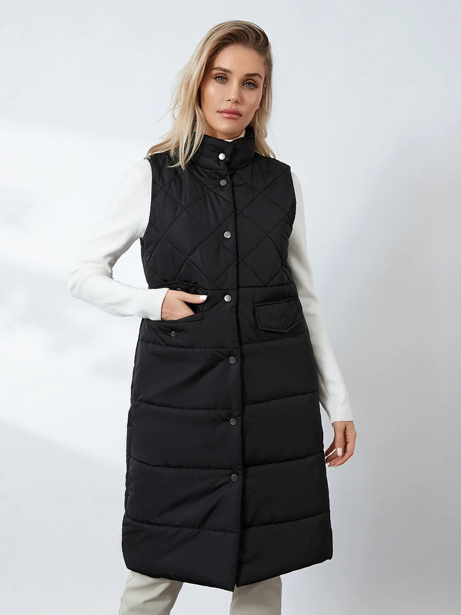 Women Quilted Puffer Vest Solid Color Warm down Jacket Button Cardigan for Winter Outwear Streetwear