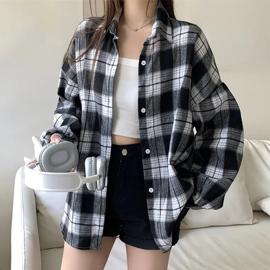 Long Sleeve Collared Button-Up Tartan Black Flannel Shirt