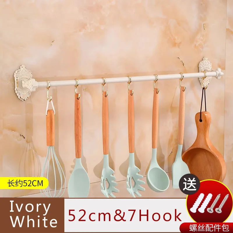 Wall Mounted Kitchen Storage Rack Shelves with Movable Hook Spoon Holder Organiser Kitchen Utensil Accessories Kitchen Tools