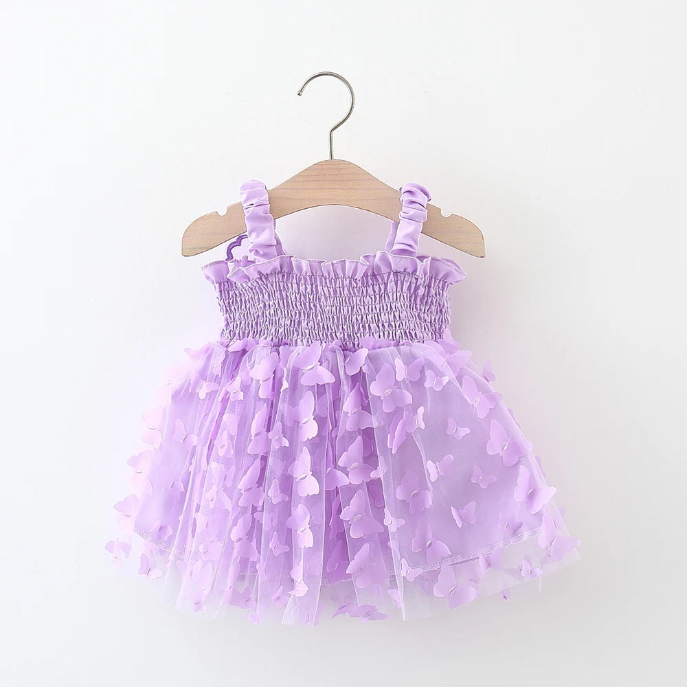 Summer 0-3 Girls' Dress Solid Color Butterfly 3D Mesh Splicing Butterfly Wings Strap Fluffy Dress
