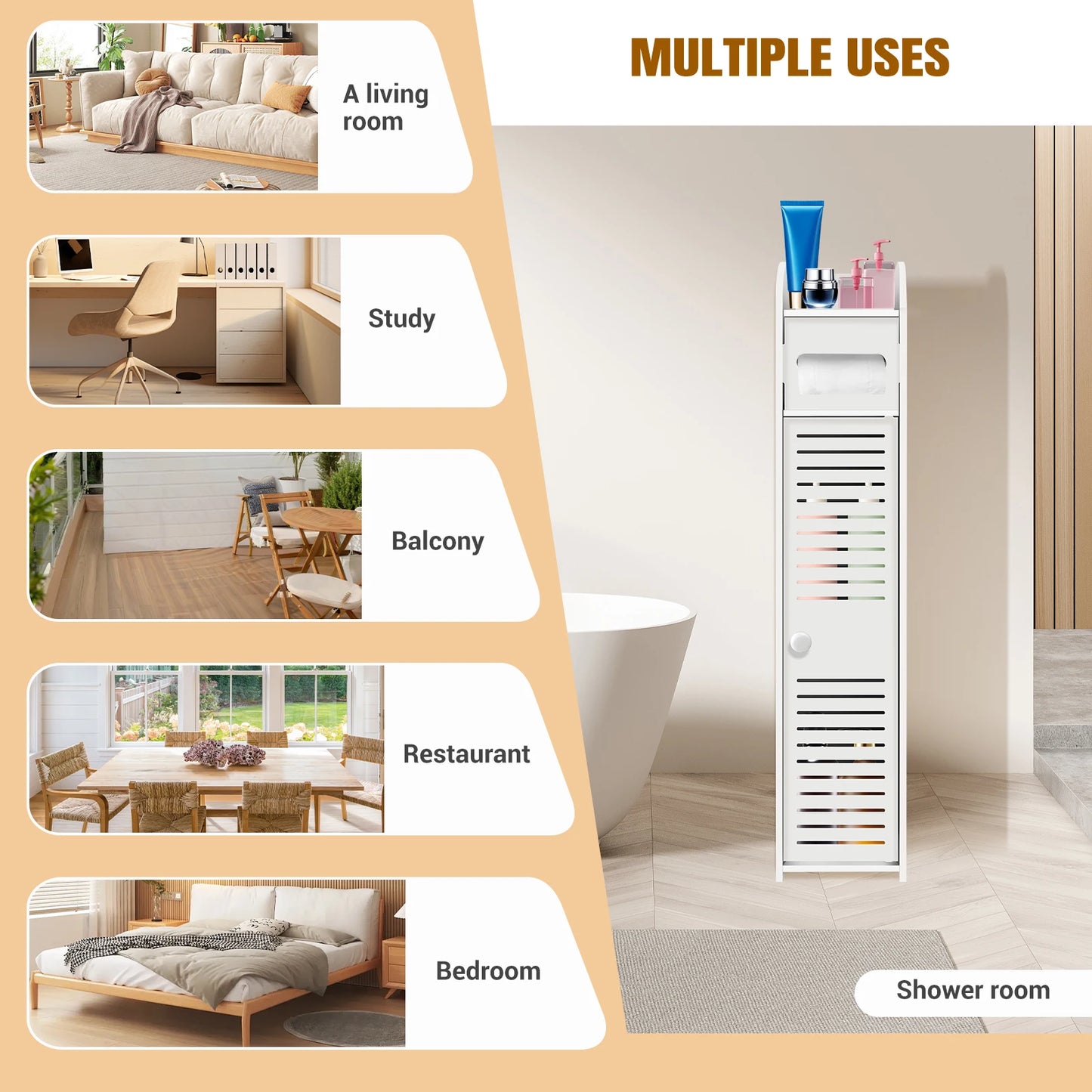 3-Tier Tall Narrow Bathroom Storage Cabinet with Doors, Waterproof Anti-Mold Standing Floor Organizer for Side Space Saving