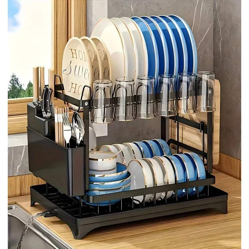 Black 2 Tier Dish Drying Rack Multifunctional Kitchen Bowl Dish Drain Rack Complete Set for Tableware Cutlery Cup Storage